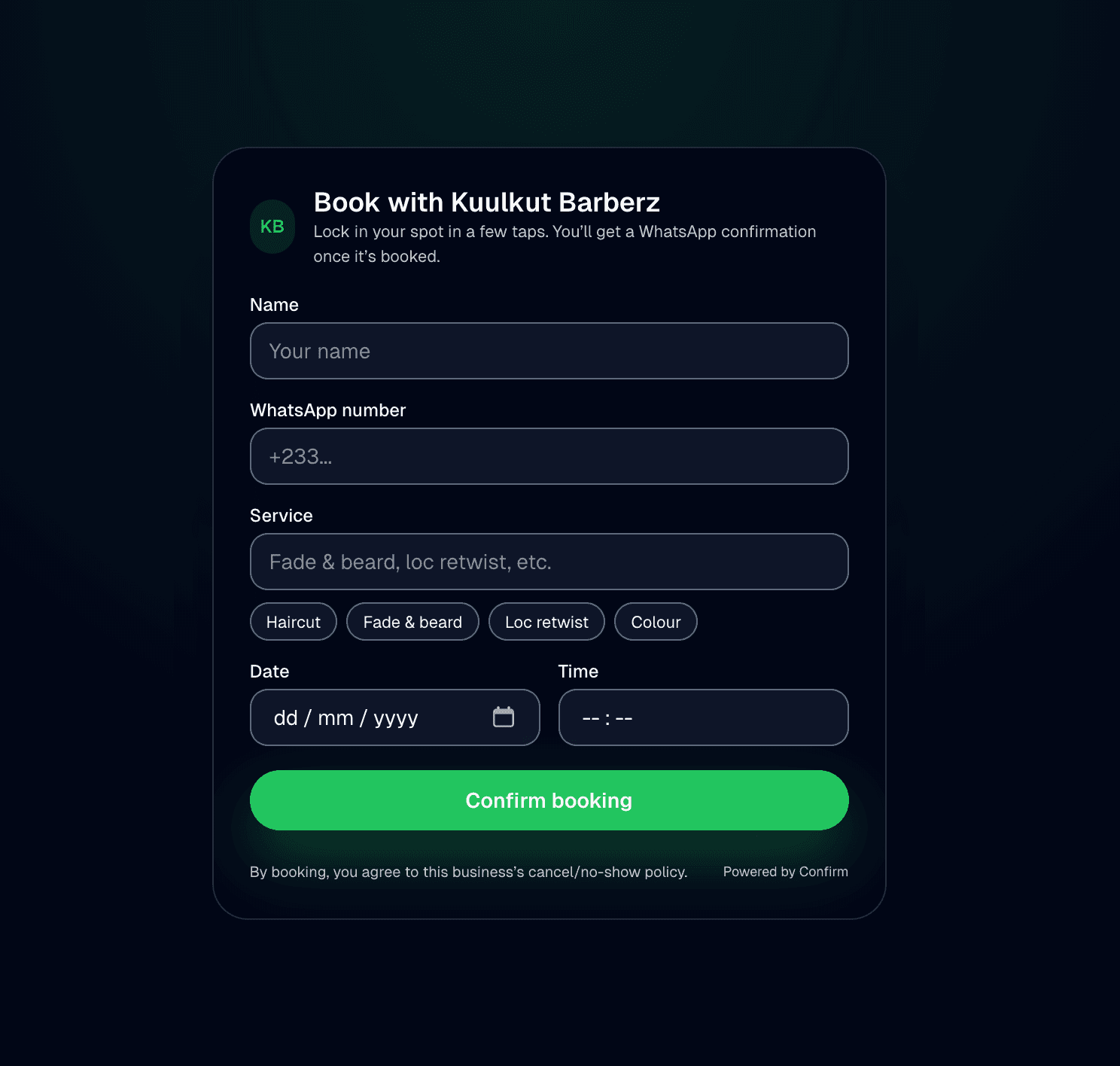 Booking form preview